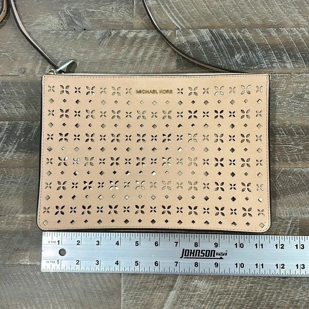 Michael Kors Beige and Gold Perforated Leather Crossbody or Clutch